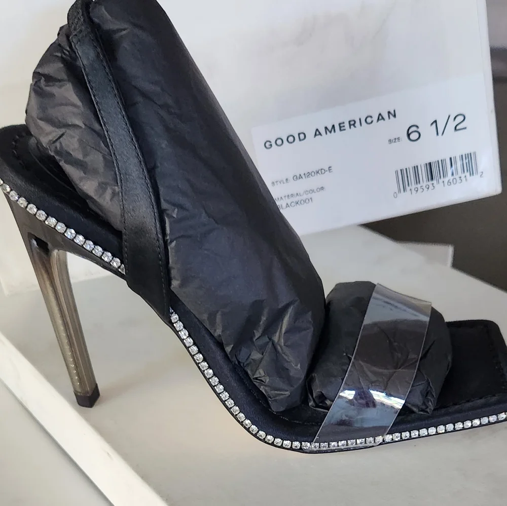 GOOD AMERICAN - Crystal Crush Lucite Sandal - Black - Size 6.5